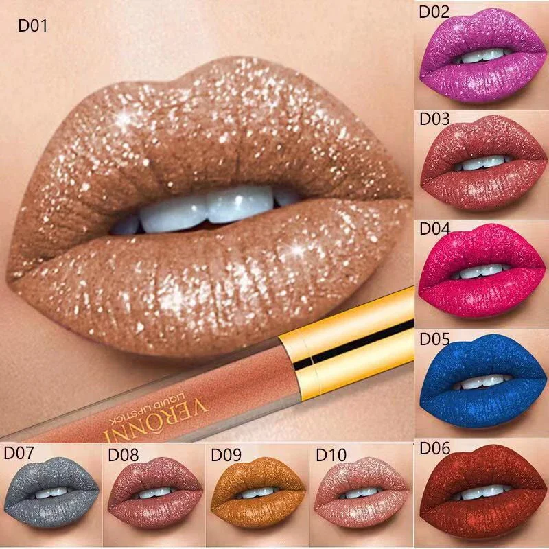 15 colori Glitter Liquid lipstick Shimmer Shiny Lipgloss Pearlescent Lip Tint Waterproof Long Lasting Matte Diamond Lips Glaze