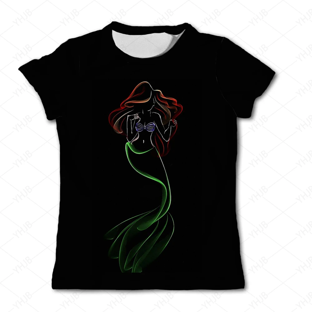 T-shirt manches courtes pour fille, estival et décontracté, avec impression 3D de princesse Ariel, style sirène, à la mode, 2024