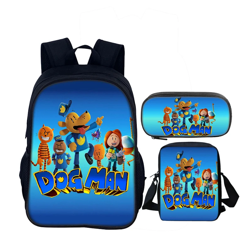 Dogman Cartoon 3-delige set Kind Schoolrugzak met schoudertassen, Potloodtassen Schooltassen voor Jongens Meisjes Beste Cadeau