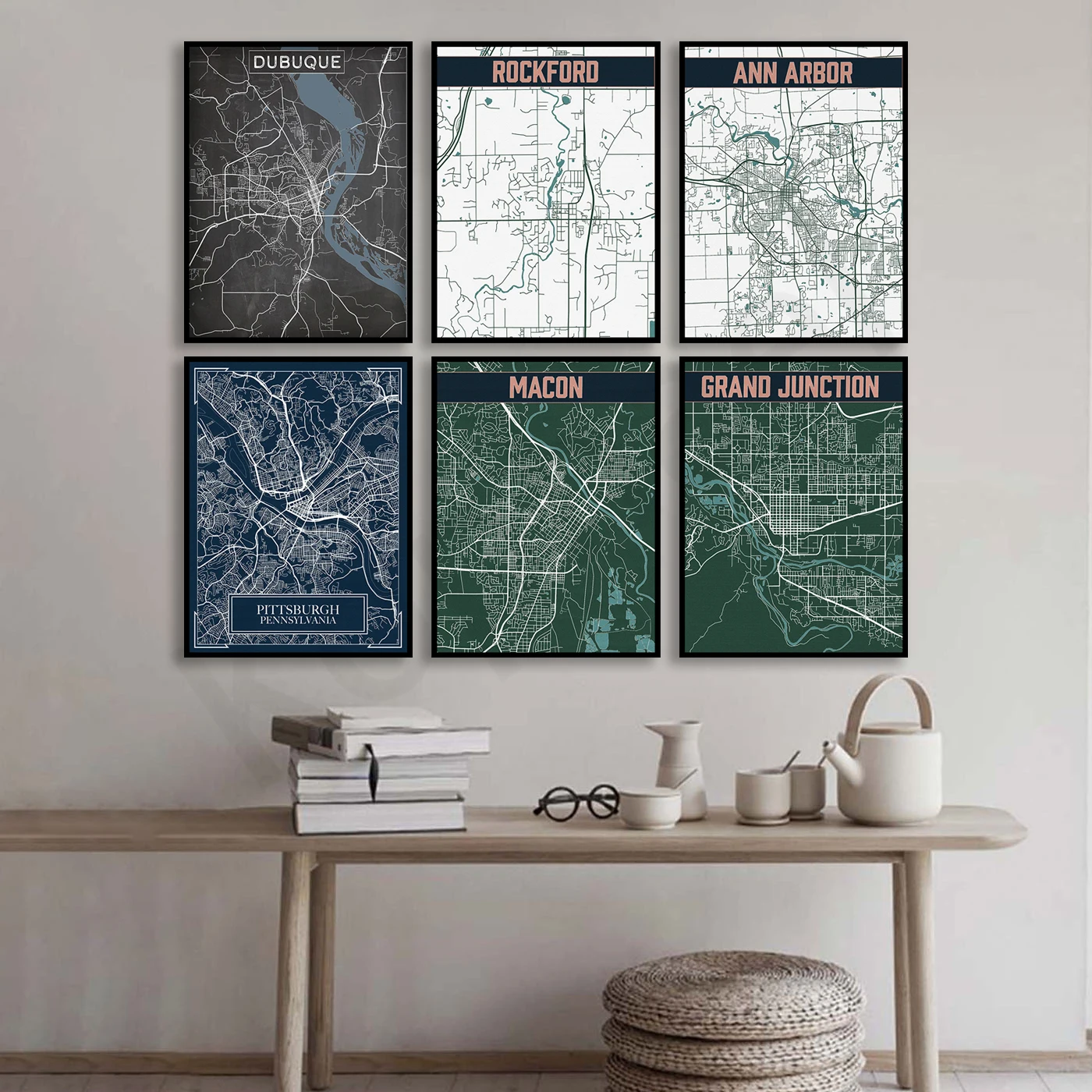 Pittsfield Lowell Bemidji Grand Junction Macon Pittsburgh Birmingham Rockford Ann Arbor Burley Dubuque. City Travel Map Poster