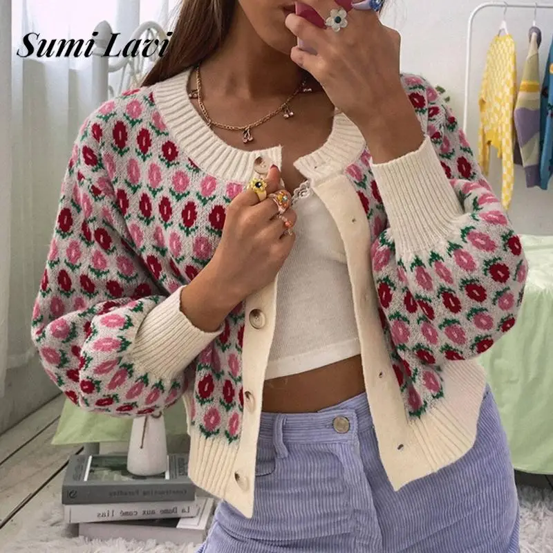 Winter Fashion Pattern Cardigan Jacket Autumn Elegant O-neck Button Sweater Coats Women Causal Long Sleeve Short Knitted Jackets