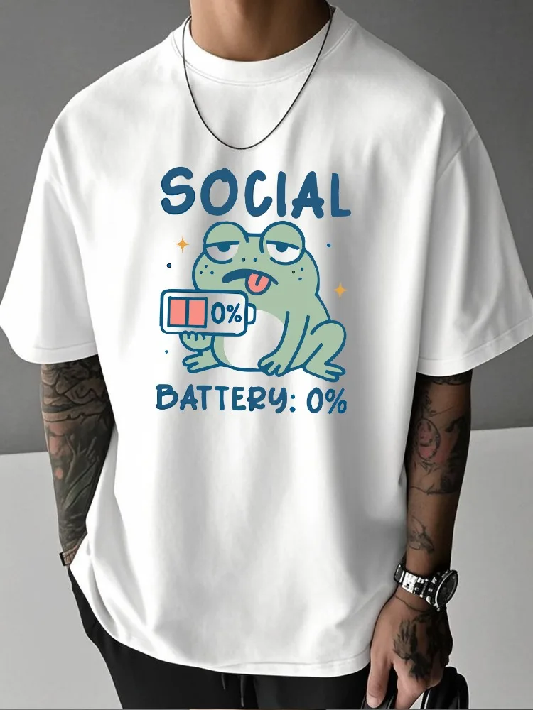 Men Summer Crew Neck T Shirt Social Battery 0 Percent Lazy Frog Cartoon Graphic Loose Short Sleeve Casual Streetwear Daily Tops