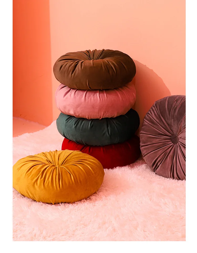Home Decorative Craftsmanship Pleated Throw Pillow Round Pumpkin Velvet Cushion Floor Pillows for Living Room Chair Couch Sofa