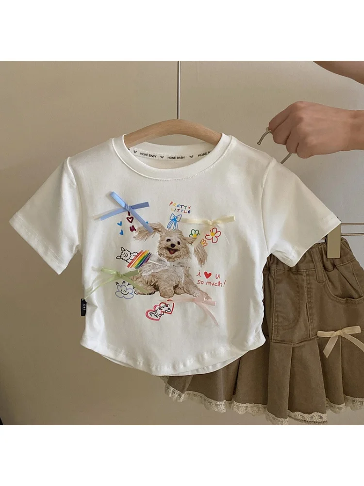 Girl's Cute Cartoon Puppy Bow Short SleeveTT-shirt2024Summer New Lace Edge Denim Skirt Outfit