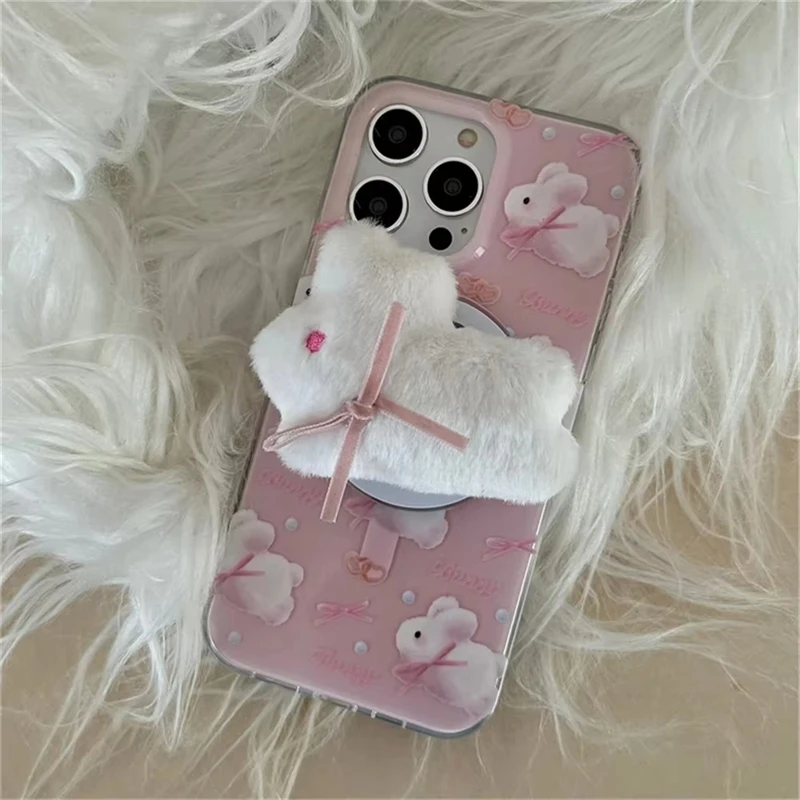 Soporte magnético de conejo con lazo de peluche 3D coreano, soporte para teléfono Tok Griptok, soporte para iPhone, Pad Magsafe Smart Tok