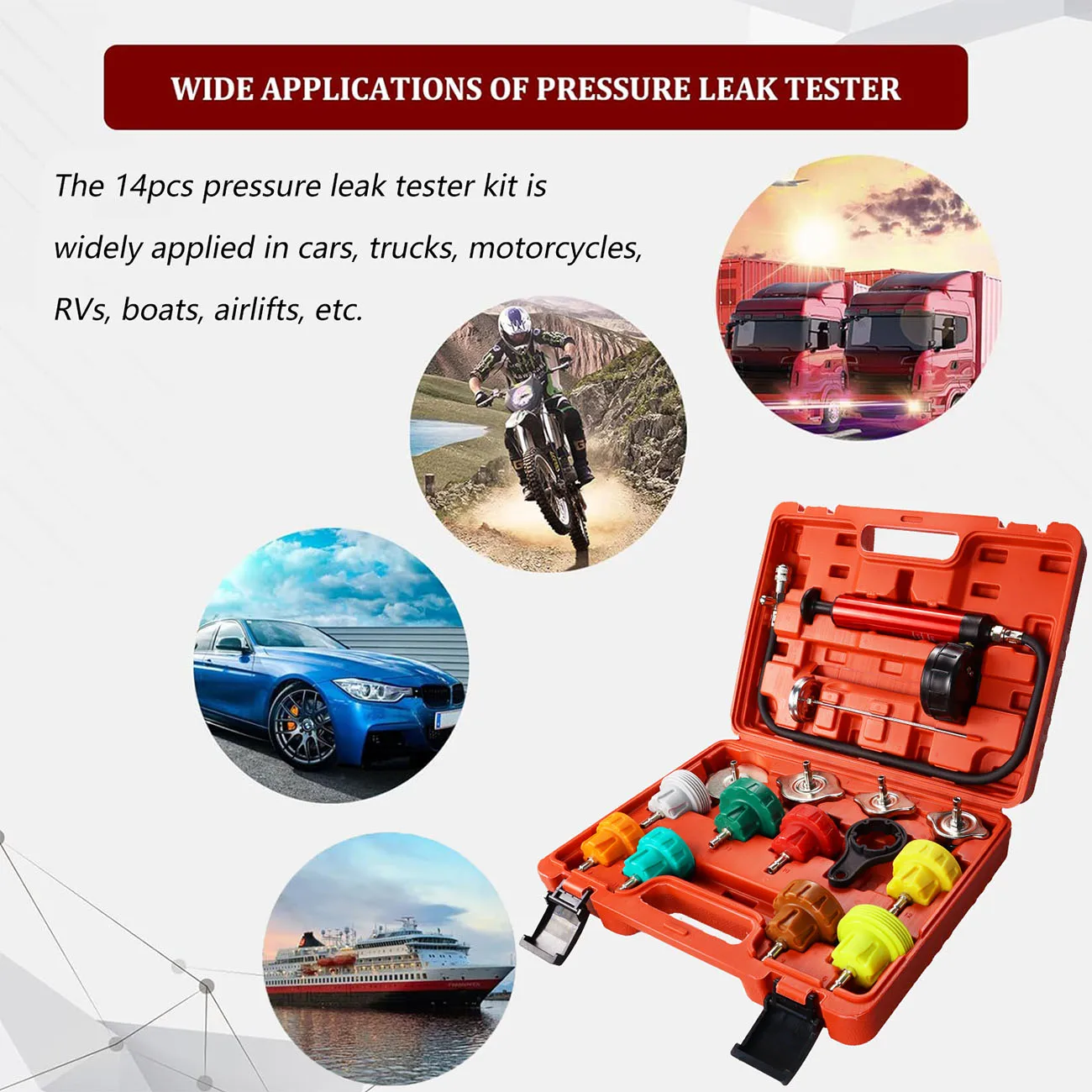 14pc Universal Car Radiator Pump Pressure Leak Tester Kit Vacuum Pressure Cooling System Tester Auto Coolant Vacuum Refill Kit