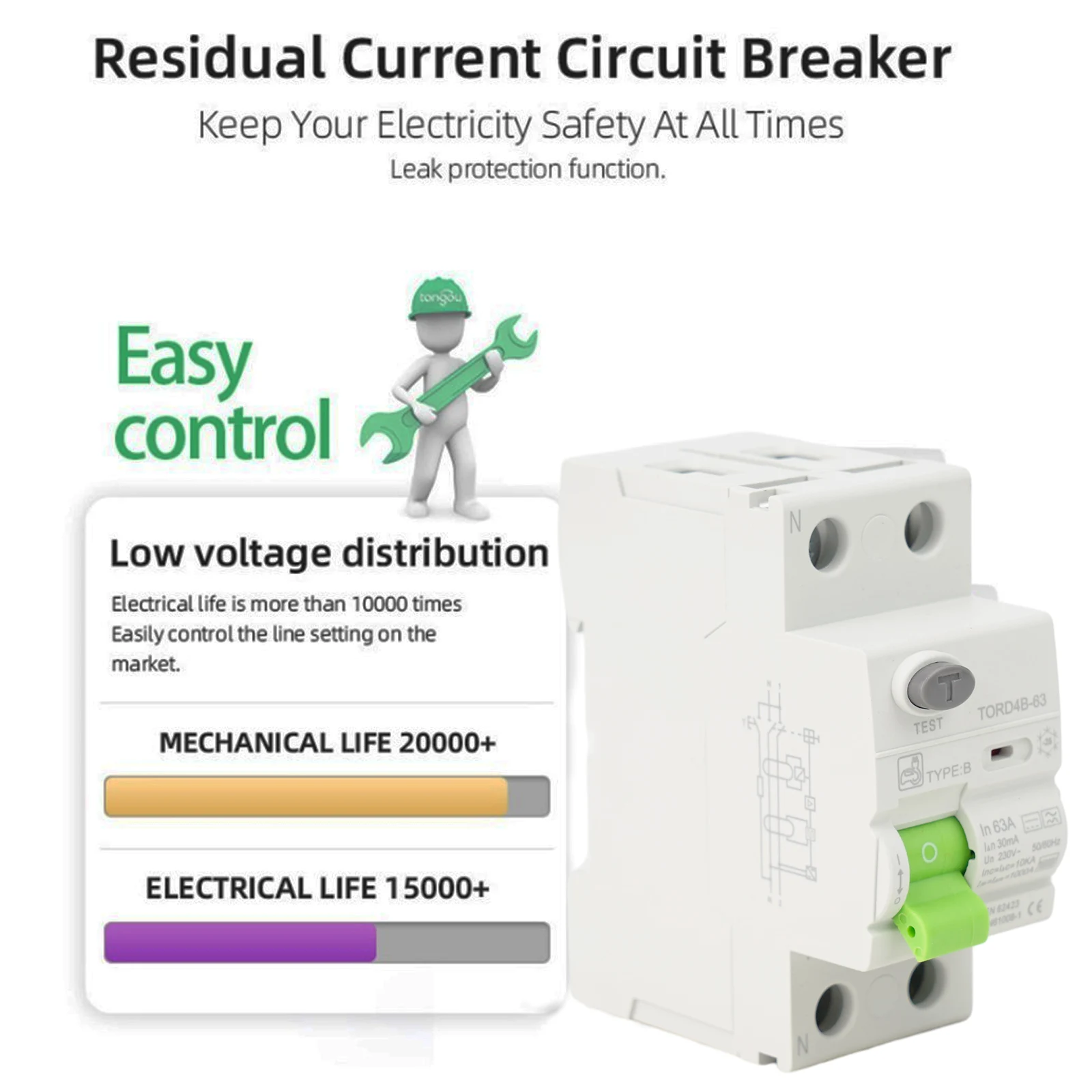 

Advanced Type B Circuit Breaker RCD DC Electric 2P 63A 30mA Leakage and Ground Fault Detection High Current Rating