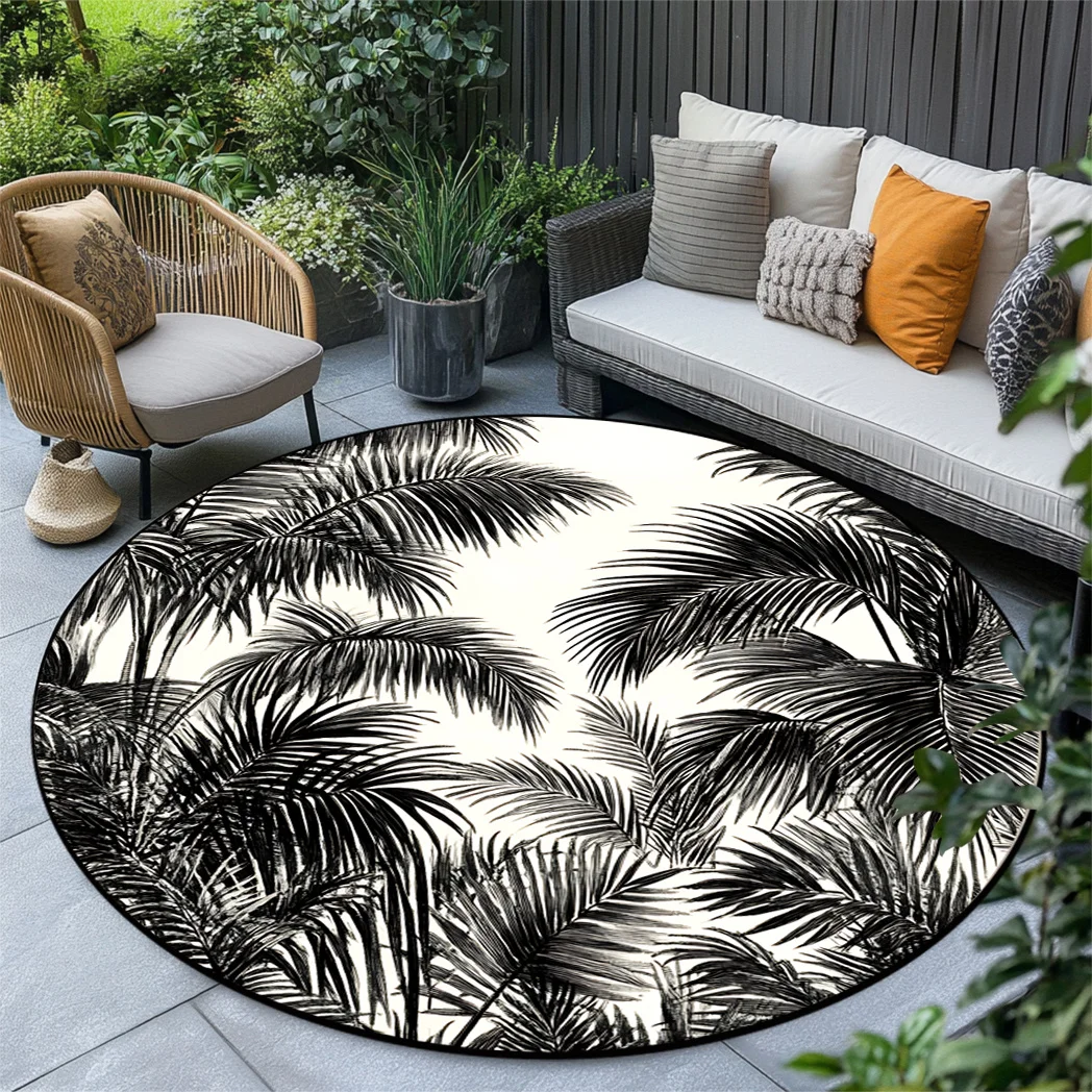 

1pc Round non-slip rug with black and white tropical leaf pattern, perfect for living room or bedroom decoration
