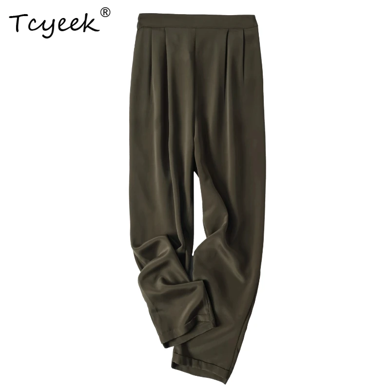

Tcyeek 93% Mulberry Silk 7% Spandex Spring Summer Thin Military Green Small Leg Long Women' S Pants Брюки Женские Летние 여름바지