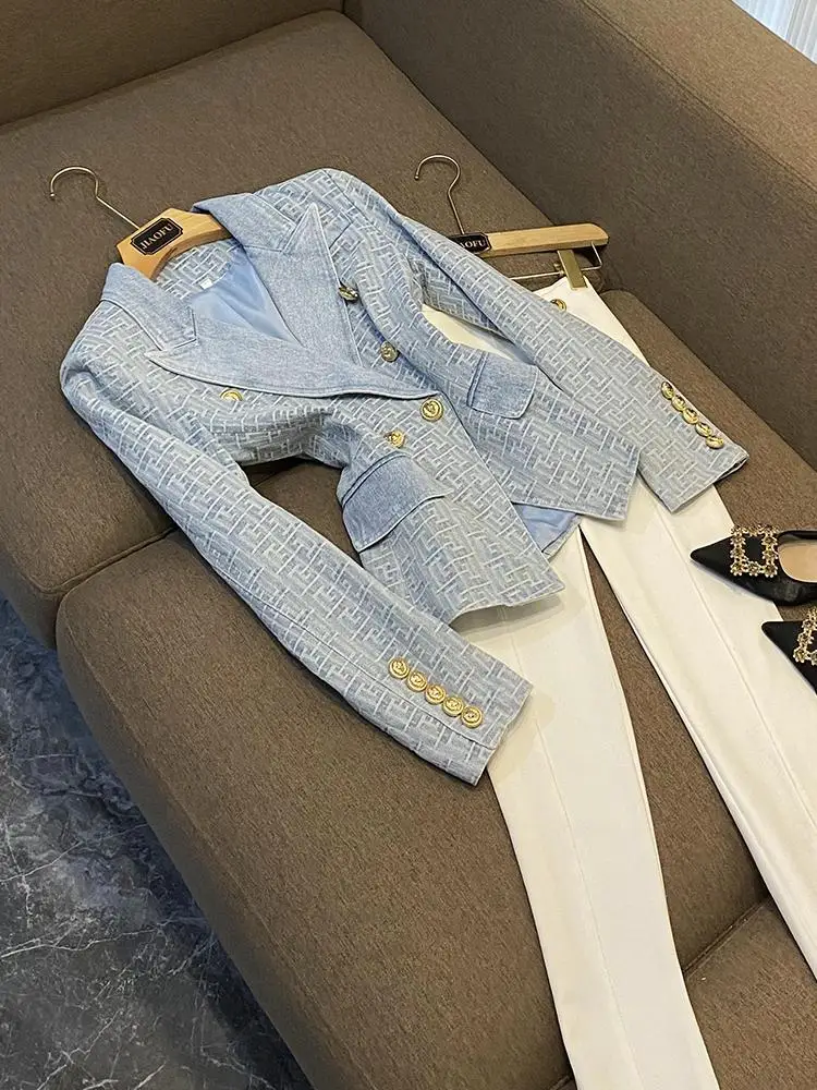 

Синий двубортный джинсовый костюм-туэт с левенными пуговицами и лабиринтом, женский облегающий длинный костюм для поездок на работу, однотонное пальто све