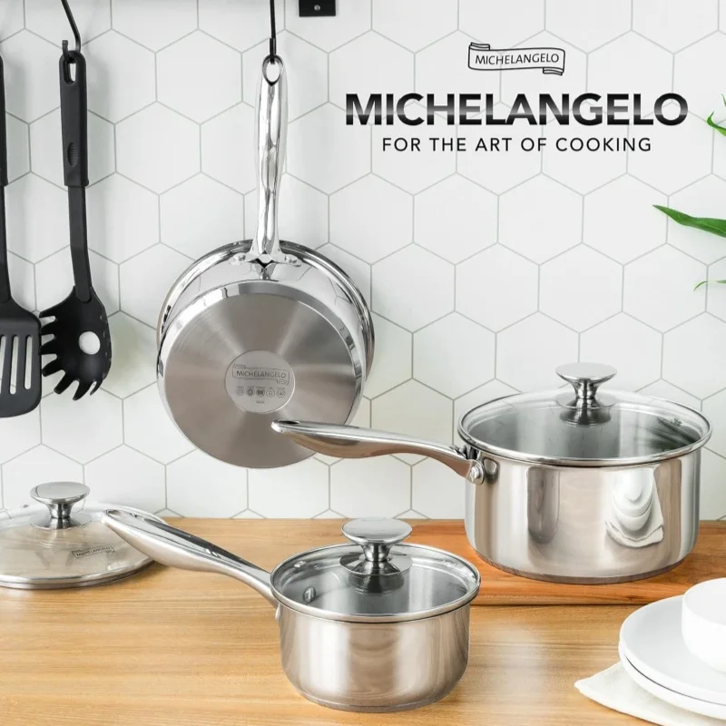 

MICHELANGELO 3 шт., кастрюля из нержавеющей стали с крышкой, стальная ручка, кастрюля для соуса, индукционная кастрюля для тушения, набор плоских сковородок, совместимая плита
