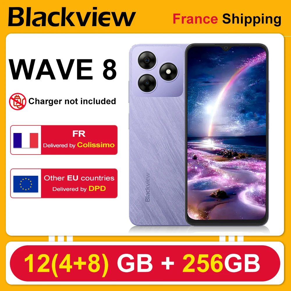 Smartphone Blackview WAVE 8 [pas de chargeur UE] 12 Go (4 + 8) 256 Go, 5000 mAh, appareil photo 13 MP, Android 14, empreinte digitale