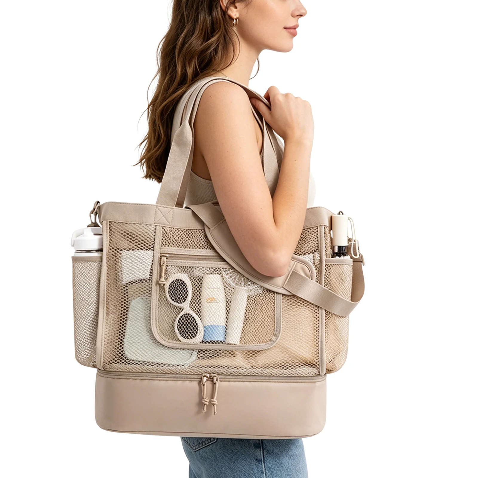 Women Lightweight Beach Bag Foldable Sandproof Mesh Tote Bags Top Zipper Double-Layer Large Totes Outdoor Travel Handbags