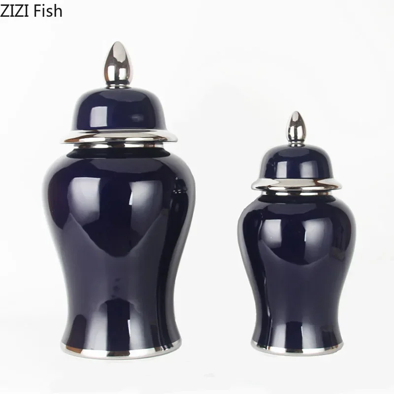 

Navy Blue General Jar with Lids Minimalist Ceramic Vases Flower Arrangement Desk Decoration Jewelry Jars Cosmetic Containers