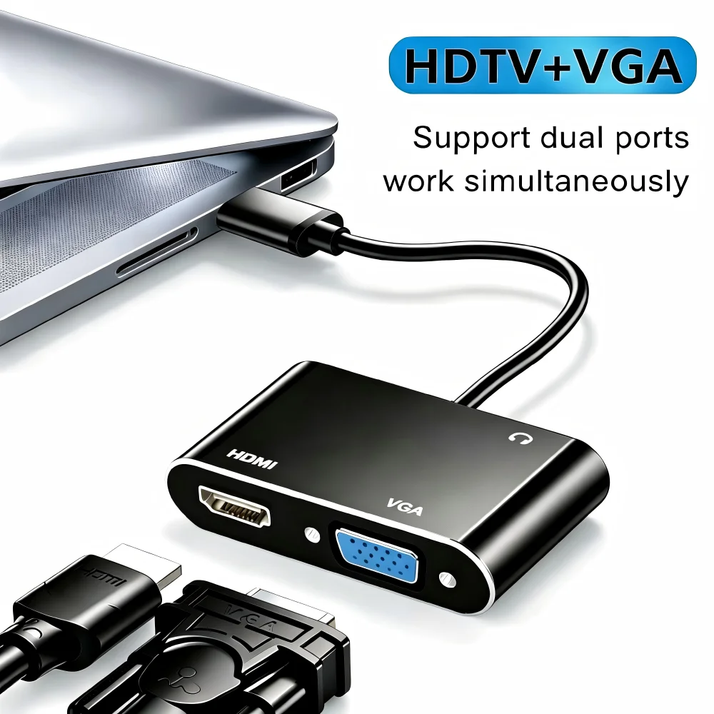 USB3.0 Type-C to HDMI VGA Adapter with 3.5mm Audio Port, Dual Monitor Converter for Laptop PC Desktop Projector