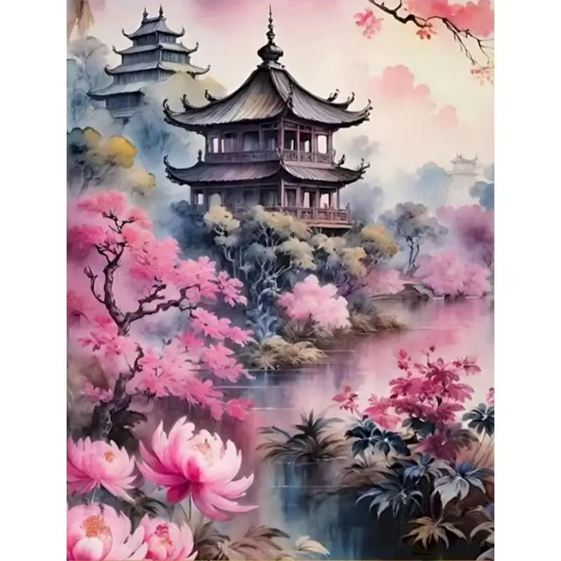 GATYZTORY Chinese Ancient Pavilion Paint By Numbers For Adults Artwork Personalized Gift Landscape Easy Drawing By Numbers Craft