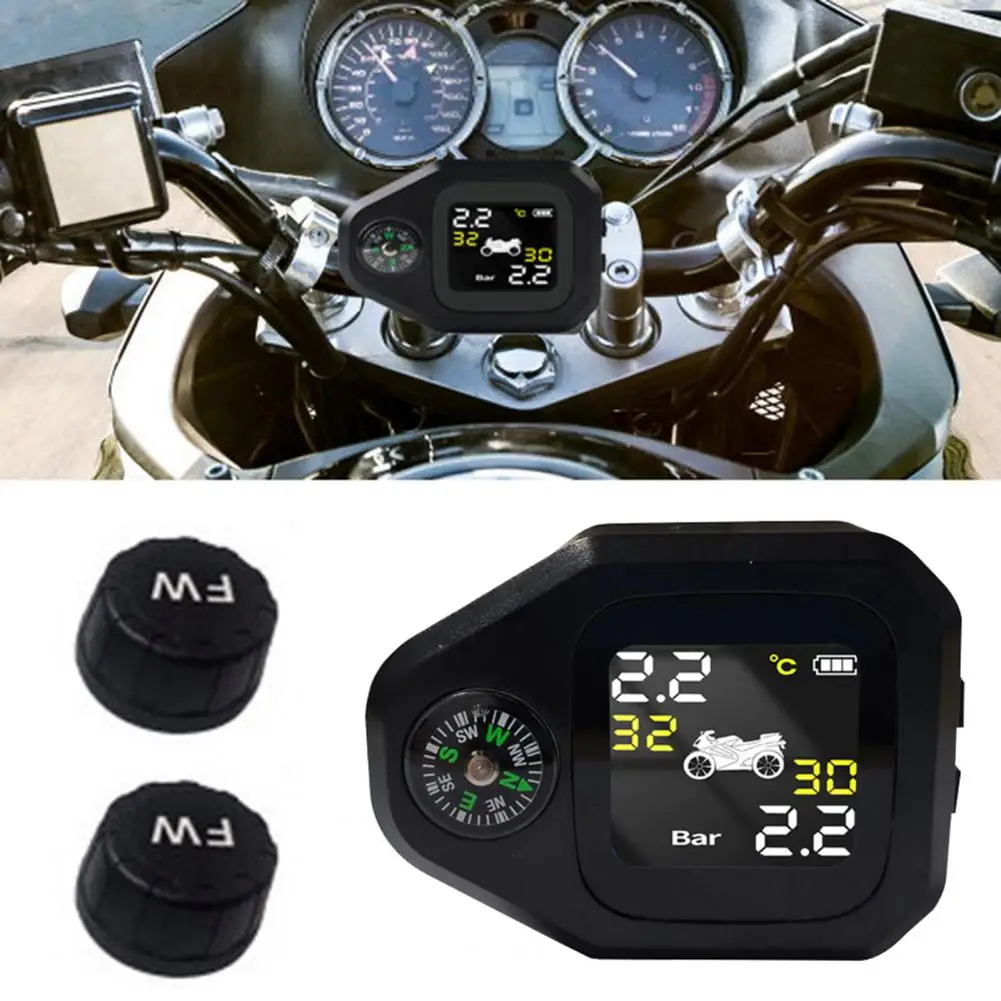 Motorcycle TPMS with Compass Dustproof LCD Screen High-Precision External Sensor Tire Pressure Monitor for Motorcycle