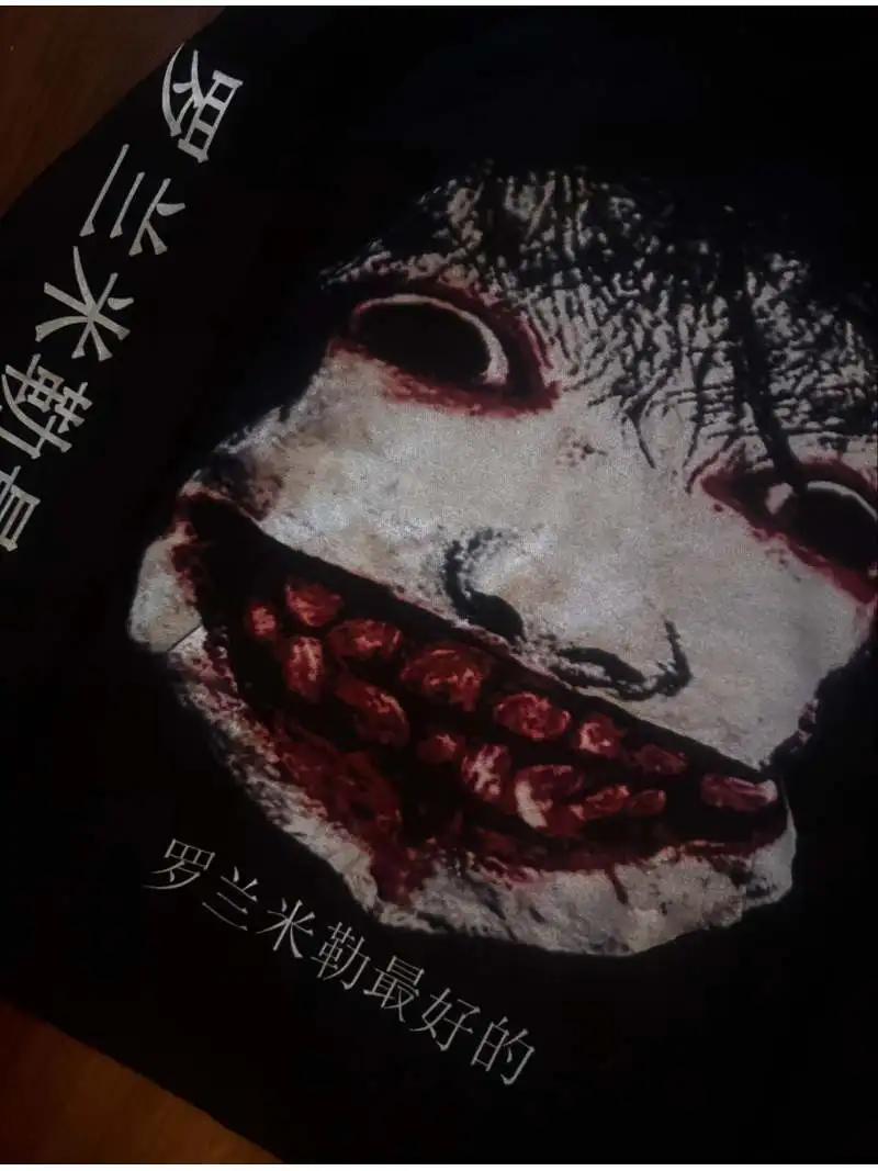 Women Black Horror Face Print Hoodie, Chinese Text Print Dark Alt Loose Pullover Sweatshirt