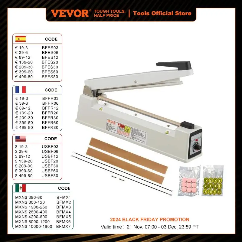 VEVOR 8/12/16 pollici Impulse Poly Bag Sealer macchina termosaldante manuale con modalità di riscaldamento regolabile per sacchetti di plastica Mylar PE PP