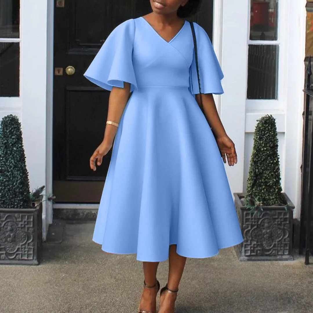 Summer Fashion African Women V-neck Polyester Short Flare Sleeve Red Black Pink Knee-length Dress African Dresses for Women - AliExpress 200000532 Summer Fashion African Women V-neck Polyester Short Flare Sleeve Red Black Pink Knee-length Dress African Dresses for Women - AliExpress 200000532