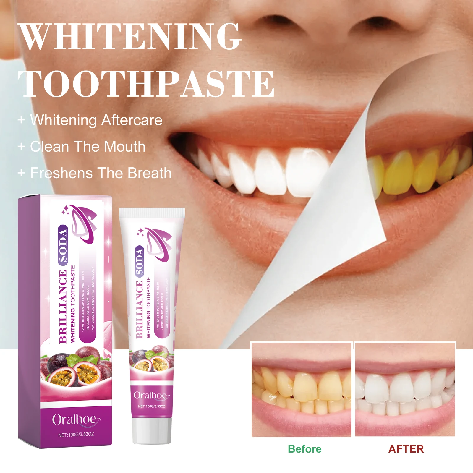 Passion Fruit whitening Toothpaste, Pigment Decomposition Assistant, Improves Tooth Gloss,Whitens Teeth,Tea Stain Decomposer