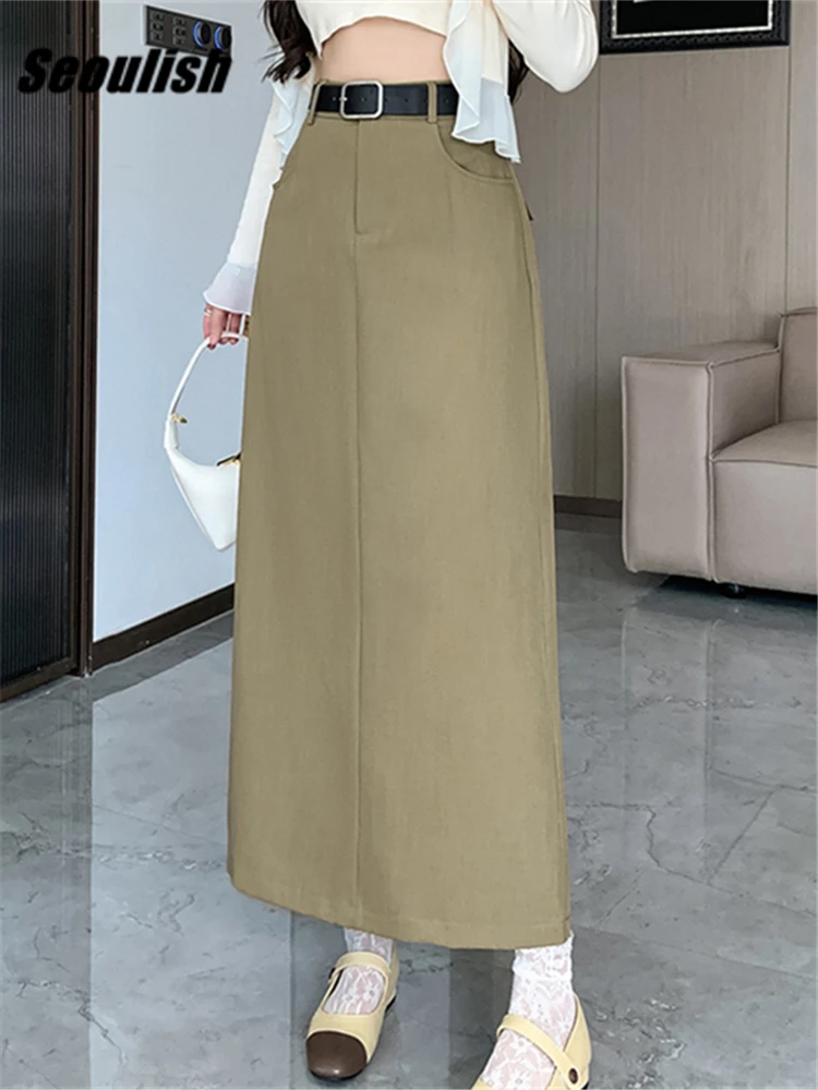 

Seoulish Autumn Straight Women's Long Skirts with Belted Korean Fashionable High Waist A-Line Skirts Pockets Female 2023 New