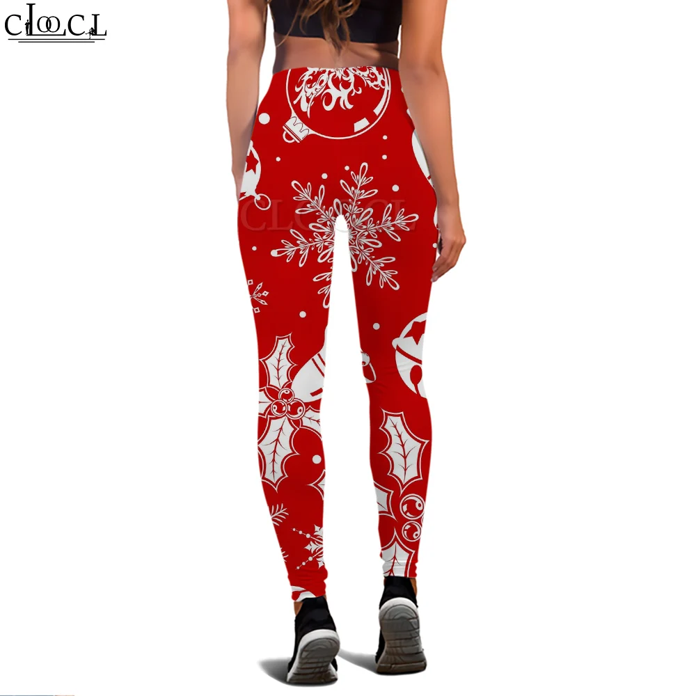 CLOOCL Rote Damen-Leggings mit Weihnachtsglocke und Schneeflocken-Aufdruck für Damen, Workout, Push-Up, Jogging, atmungsaktiv, enge Leggings