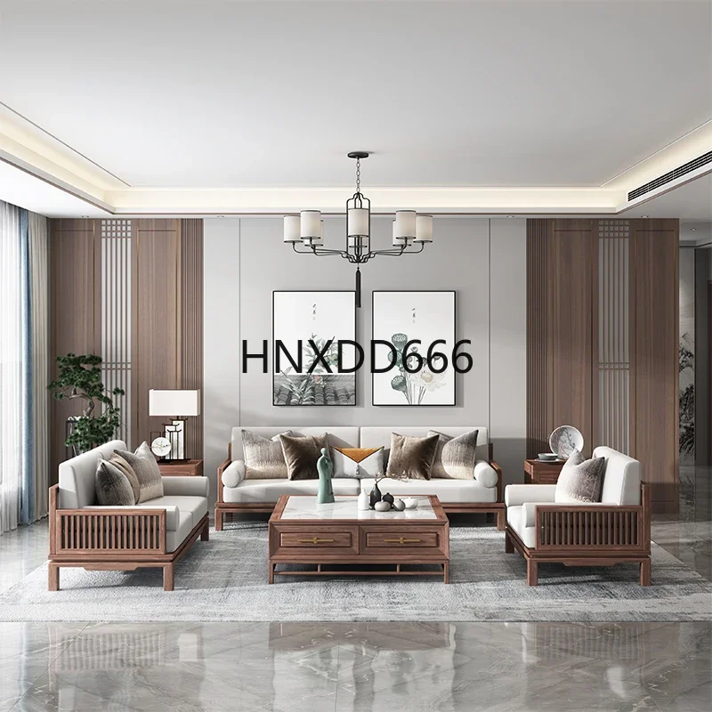 New Chinese sofa light luxury villa living room simple leather art black walnut high sense