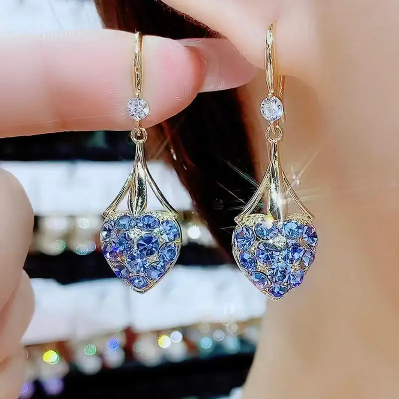 Blue Full Diamond Love Internet Celebrity Explosion Niche Design Fashion Temperament Earrings