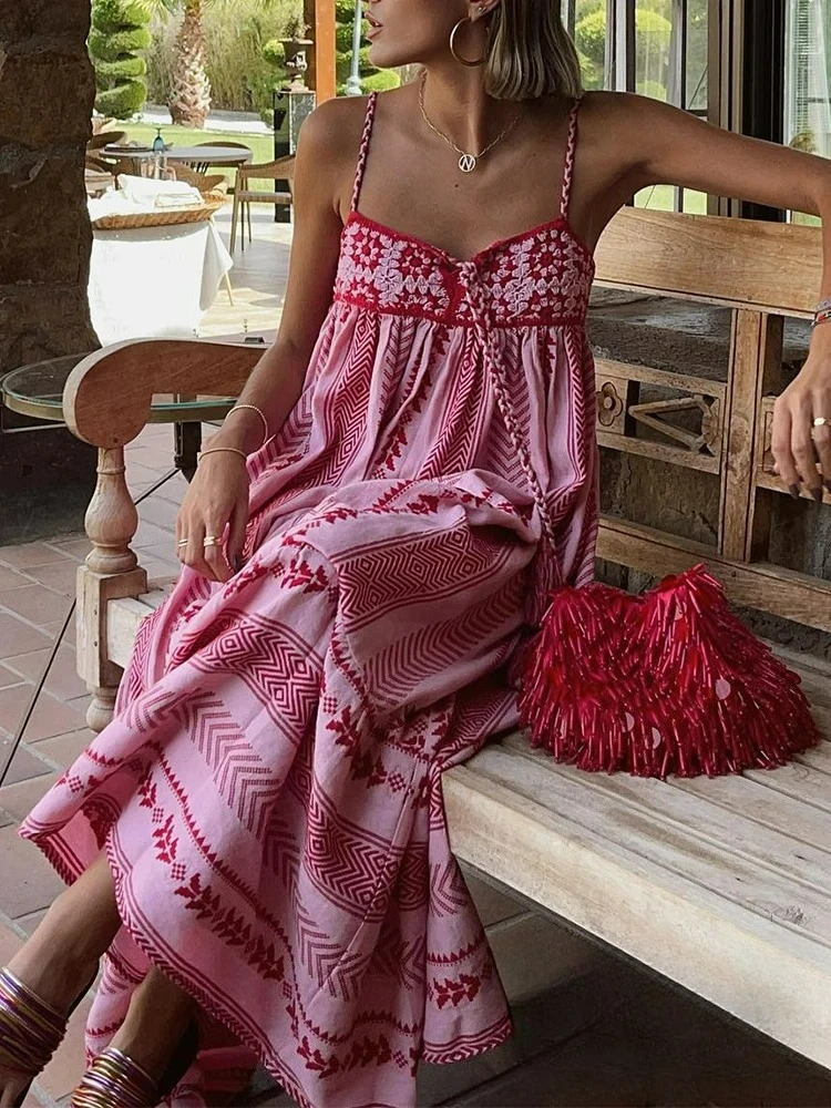 KONDALA Boho Fiore Stampa Maglia Corsetto Lungo Cami Dress Donna Papillon Increspato Abito da spiaggia Moda 2024 Abito estivo