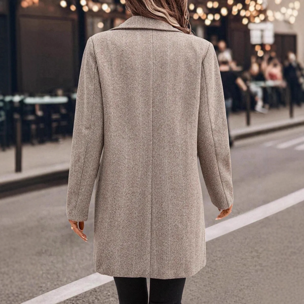 Women's Elegant Khaki Herringbone Long Coat Lapel Double Breasted Winter Warm Pockets Office Outerwear Coat