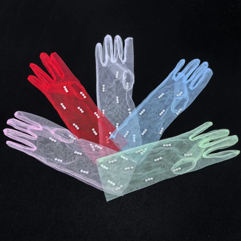 Kids Gloves Tulle Mesh Colorful Pearl Princess Wedding Photo Birthday Flower Girl Party Performance Soft Lightweight Child Size