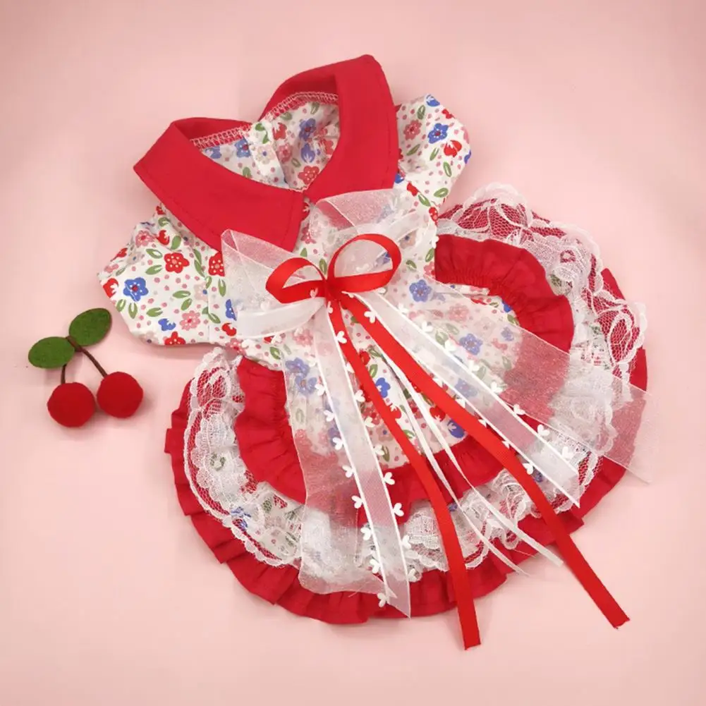 Cat Princess Skirt Lace Stitching Pet Lolita Dress Bowknot Cat Skirt Two-legged Dog Skirt with Cherry Hair Clip Pet Accessories