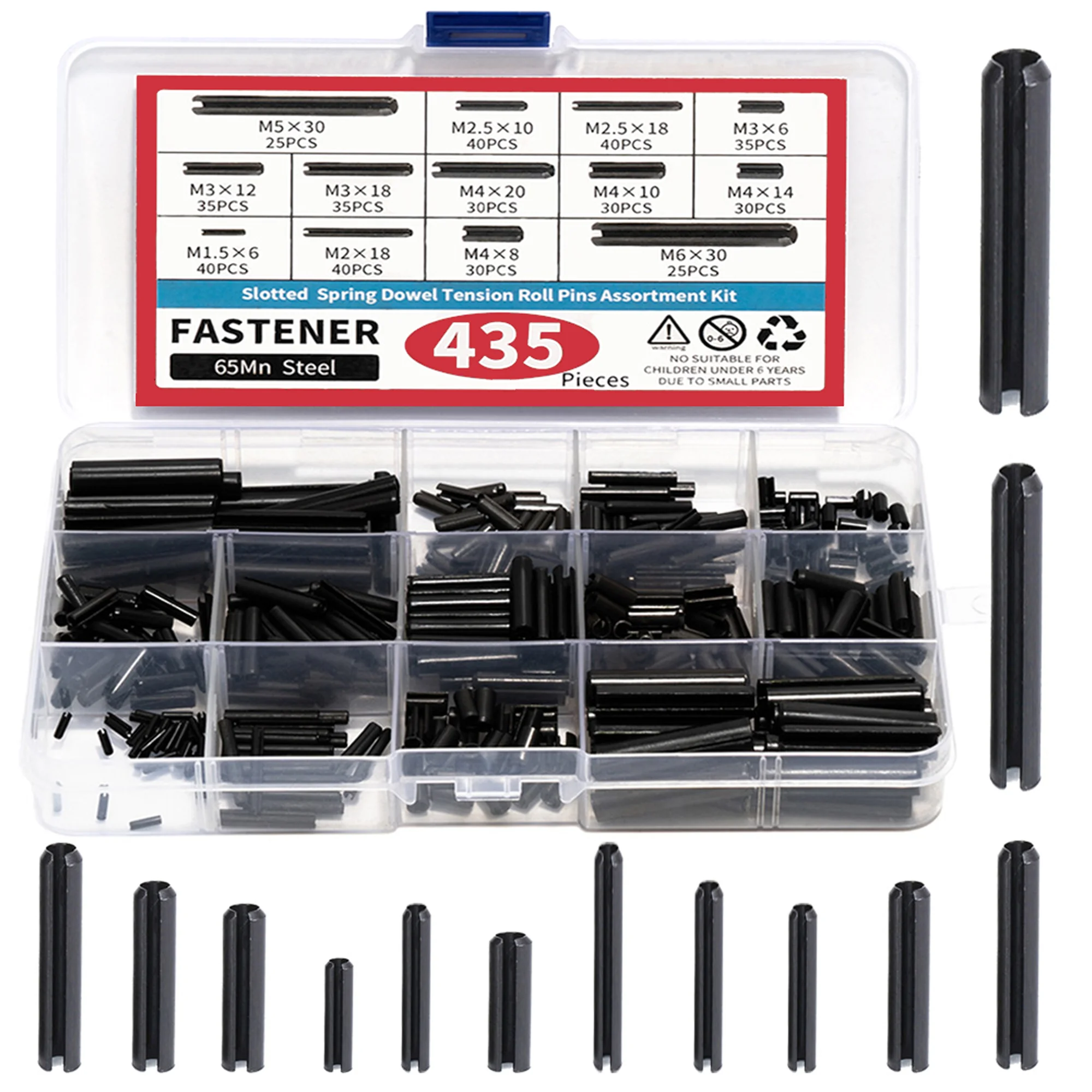 435pcs/385pcs Slotted Spring Dowel Tension Roll Pins Assortment Kit M1.5 M2 M2.5 M3 M4 M5 M6 pring-Type Straight  Pins