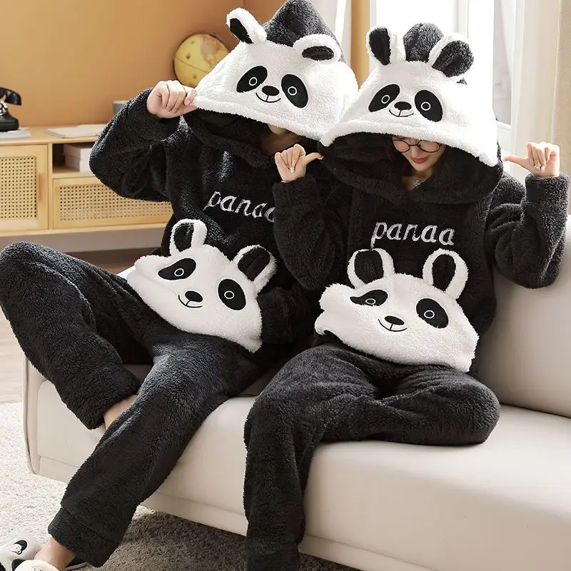 Giant Panda Winter Warm Plush Pajamas Hooded Long-sleeved Flannel Couple Pajamas Thick Coral Velvet Set Wear Home Clothes Winter