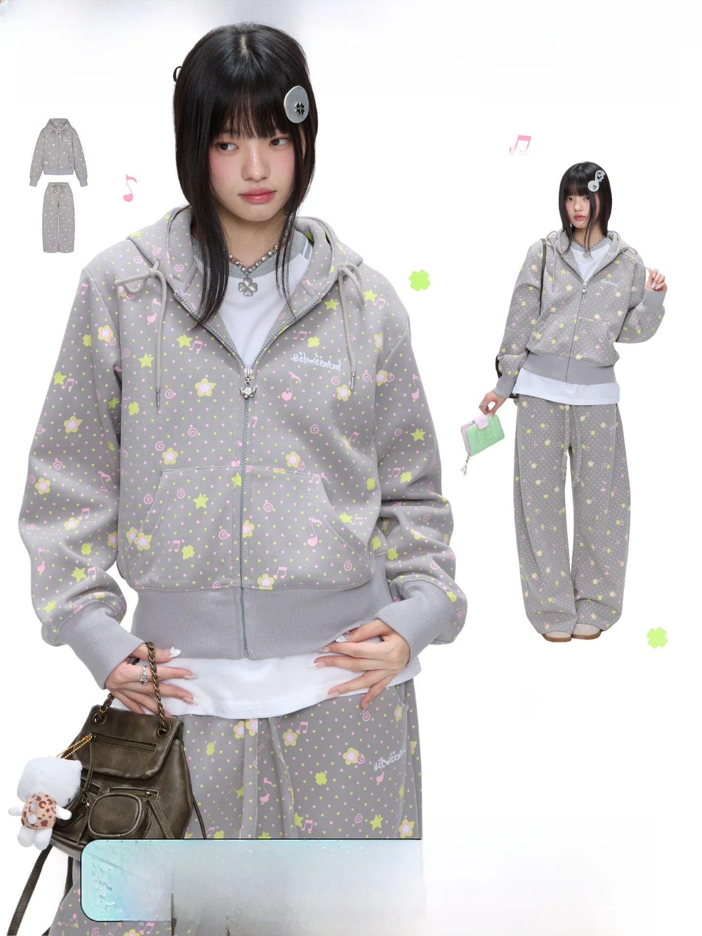 Early Taste Four Leaf Clover Print Hoodie Sweatpants Set Autumn Ladies Straight Leg Cotton Polyester Blend Long Sleeve Zipper