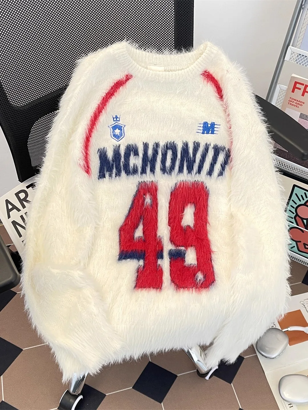 

American Retro College Sle Men's Knitted Sweater Fake Fur round Ne Casual Loose Fit Autumn Winter Warm Top