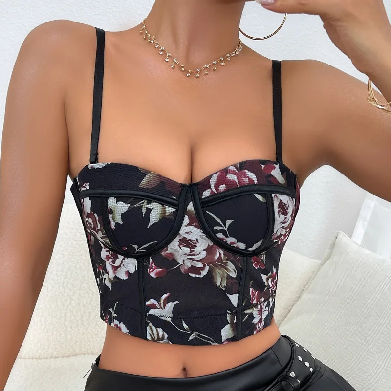 

New Sexy Patchwork Floral Underwire Corset Vest Slim Fit Strapless Tube Top Versatile Women's Top