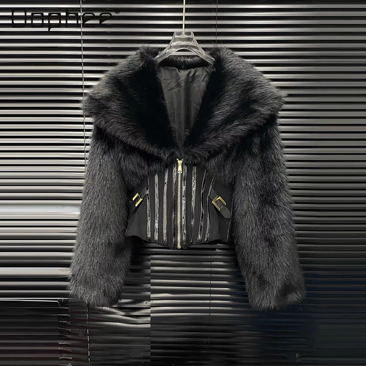 Autunno Inverno American Spicy Girl Fishbone Vita Cinching Peluche Patchwork High-end Moda Risvolto Patchwork Giacca corta da donna