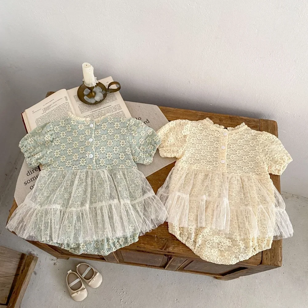 Newborn Princess Short Sleeve Daisy Flower Skirted Bodysuit Outfits Birthday Party Clothes Summer Baby Romper 0-2Years
