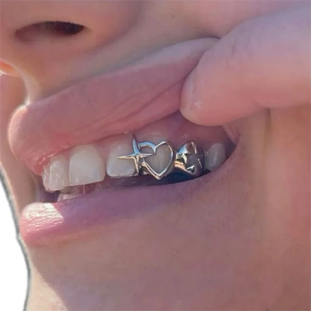 Anztilam Cross Heart Out Iced Out Grillz Full Zircon Teeth Shine Grills Men Women Hip Hop Tooth Grill Caps Brass Fashion Jewelry