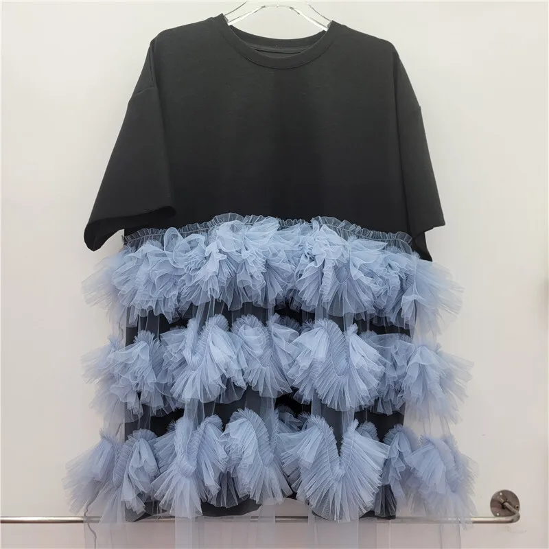 HKSH Summer New Women Chic Dress Mesh Spliced Contrast Color 0-neck Short Sleeve T-shirt Sweet High Street Casual Dresses HK9420