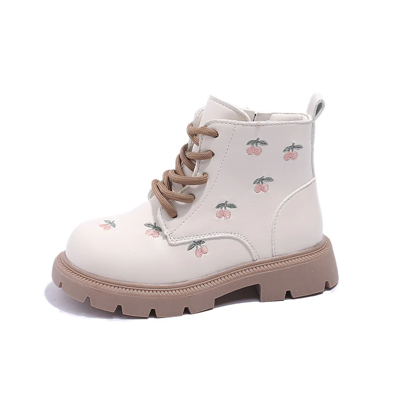 2024 Autumn New Girls Boots Fashion Embroidery Flower Ankle Boots PU Leather Causal Kids Shoes Side Zipper Cute Princess Botas