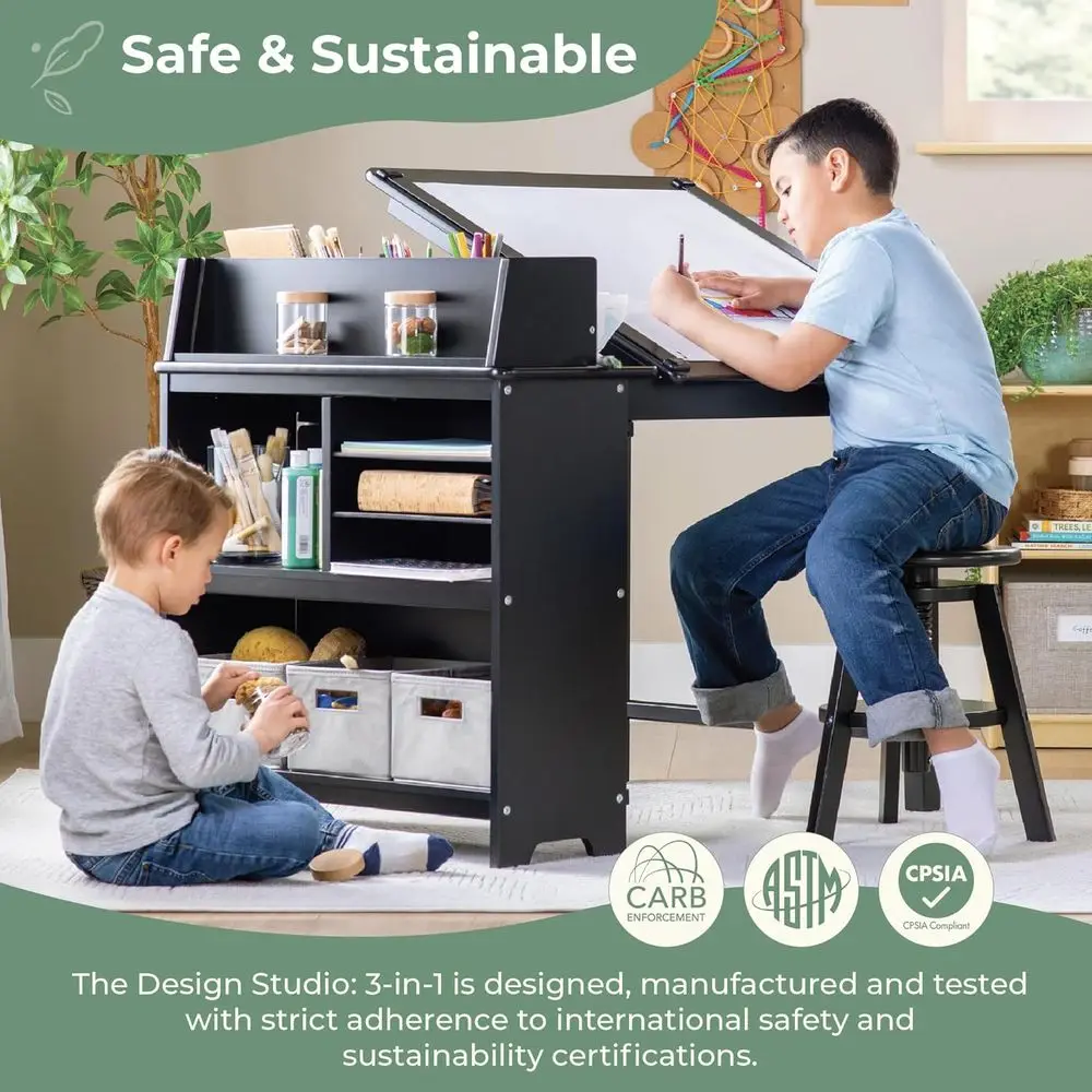 Design Studio – Black: 3-in-1 Kids Art Table & Stool Set, Writing, Crating, Painting & Drating Table or Kids with Crat Storage & view 3