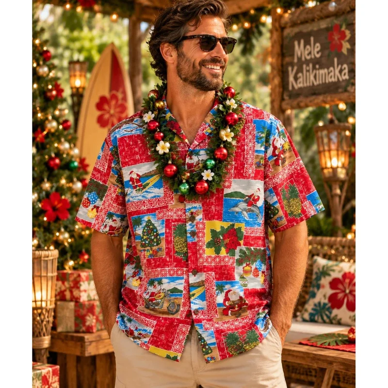 Xmas Western Christmas Diamond Print Shirts with Santa Horse and Trees Hawaiian Shirt Mens Short Sleeve Holiday Button Up Fit