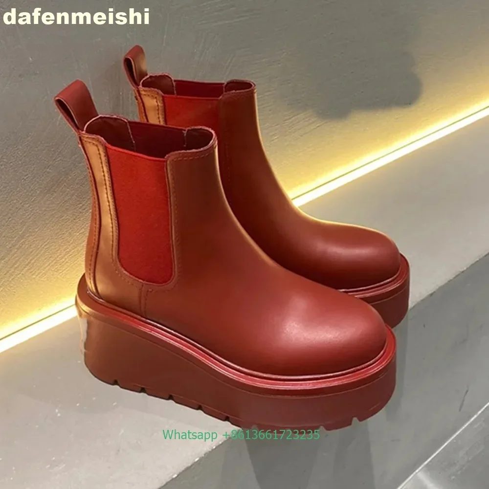 Black/red Women\'s Chelsea Boots Wedges Platform Pull-On Ankle Boots Winter Warm with Velvet Height Increasing Fashionable Boots