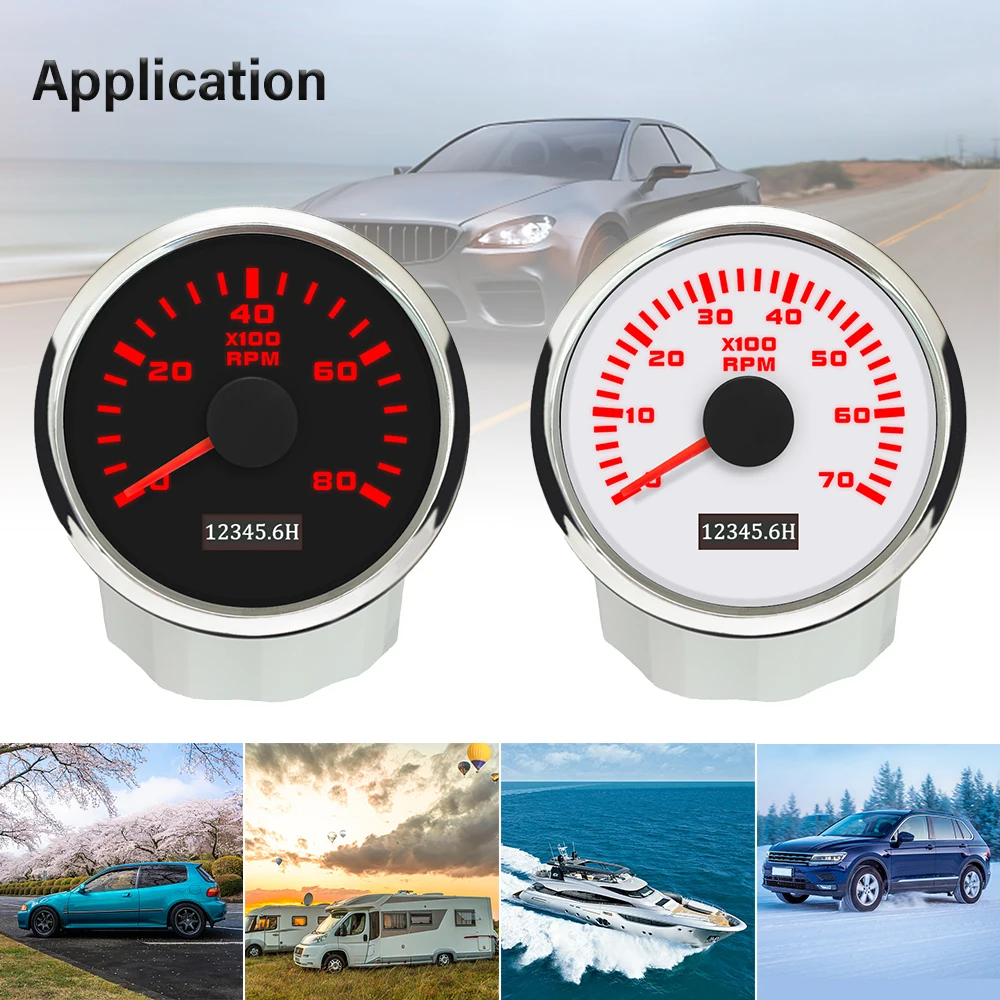 

Rhaxel 52mm Tachometer 3000RPM 4000RPM 6000RPM 7000RPM 8000RPM Tacho Gauge with Red Backlight 12V 24V for Car Boat Yacht