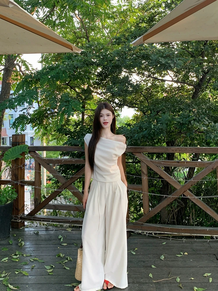 Ele Casual Women's Faion Set High Waist Wide Leg T-irt oulder Trend Spring New Sle Zipper Closure Long Pants