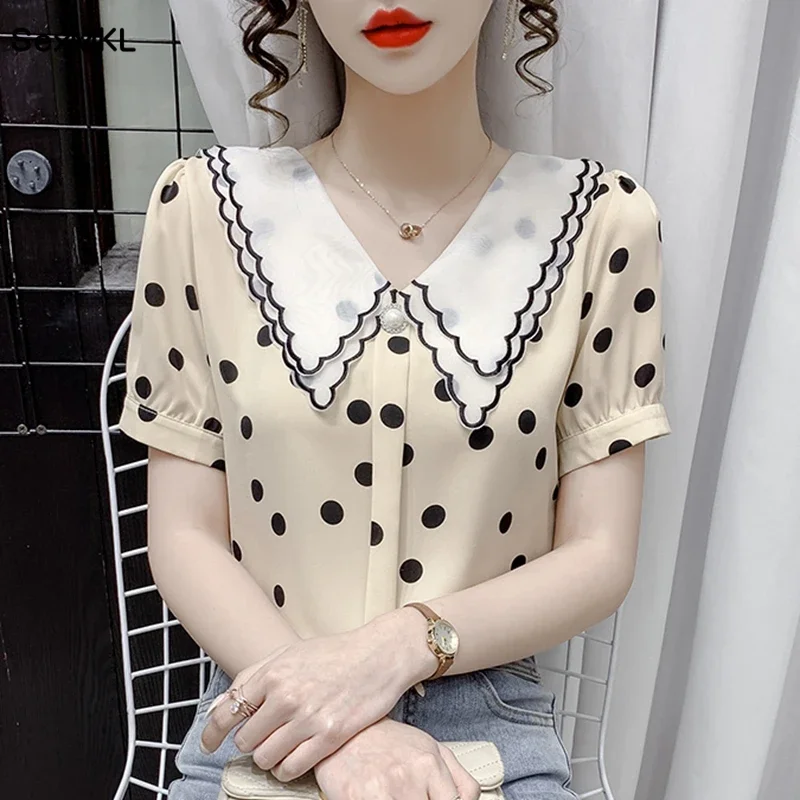 Casual Summer Chiffon Blouses 2024 Korean Fashion Polka Dot Blusa Feminina French Sweet Girls Vintage Puff Sleeve Tops Mujer y2k