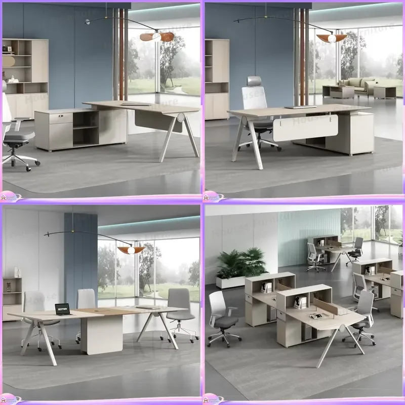 Modern Executive Desk with Side Cabinets Wood Veneer Finish Luxury Home Office Furniture Large Computer Workstation Storage